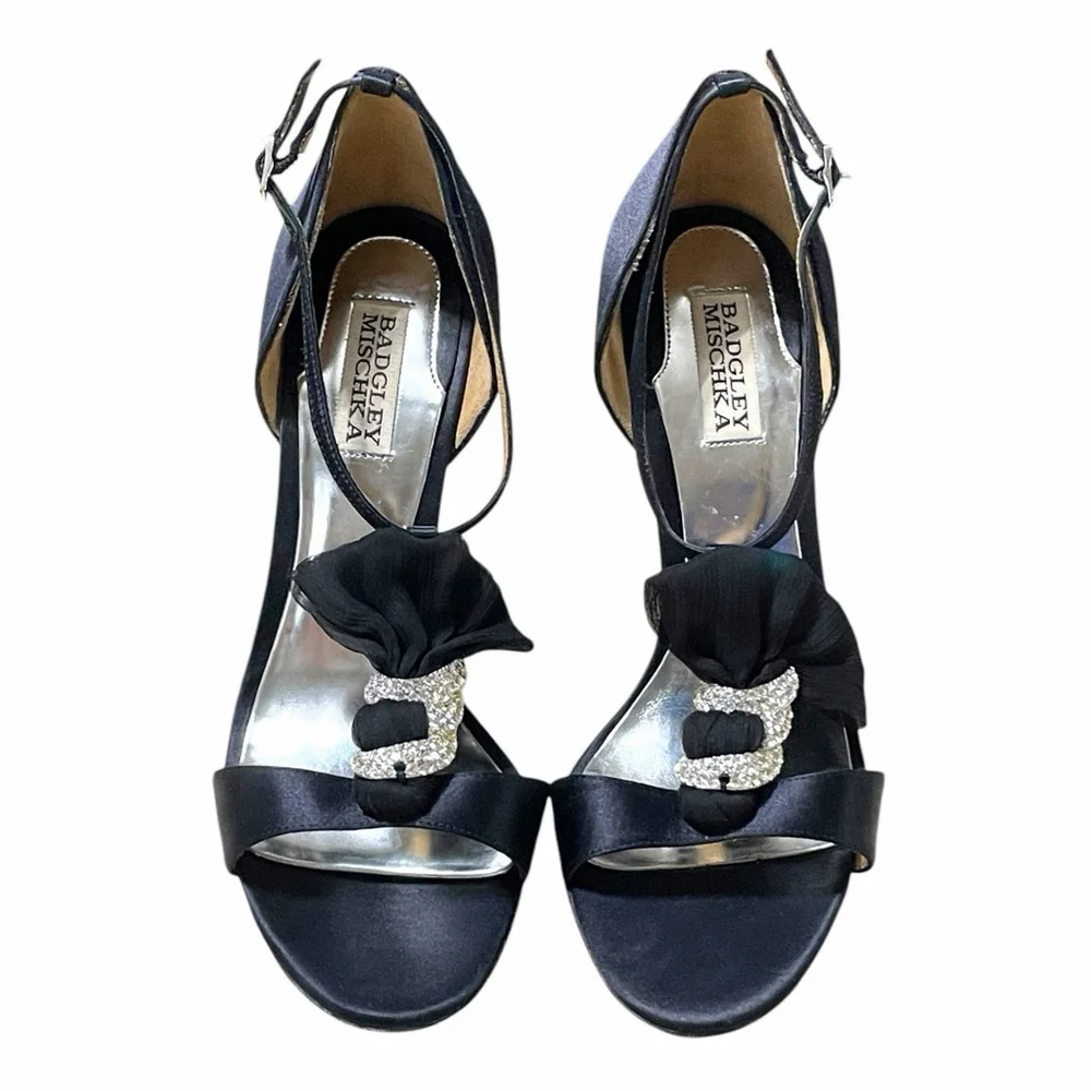 Badgley Mischka Women 10 Heels Open Toe Satin Rhinestone Stiletto Platform Black - Picture 5 of 16
